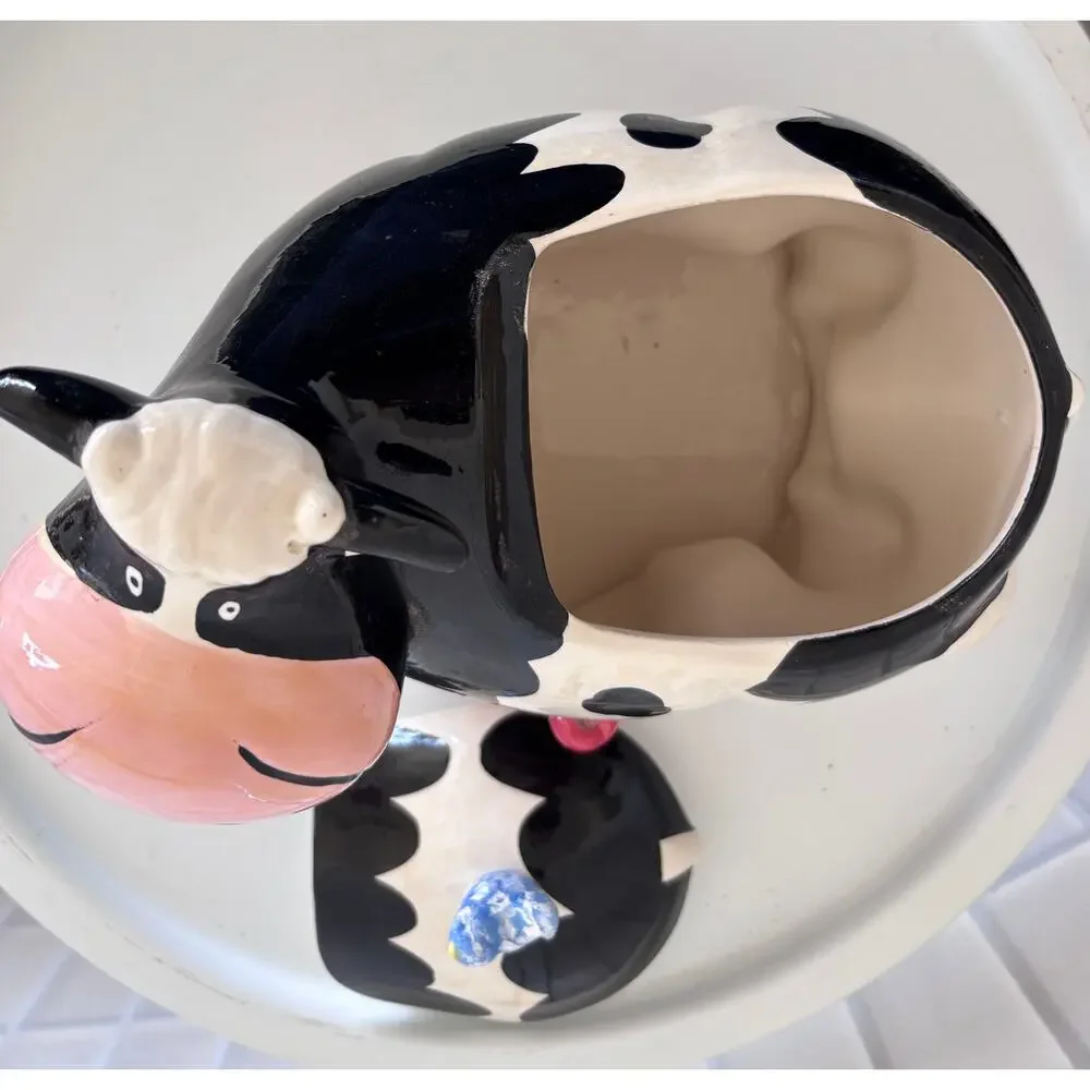 Cow Cookie Jar Farmhouse Country Kitchen Decor Ceramic Black White Apples - Picture 7 of 11